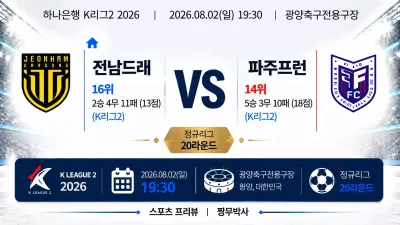 (K리그2) [전남 드래곤즈] VS [파주 프런티어FC] 분석 | 승부예측·프리뷰·예상스코어 | 짱무박사