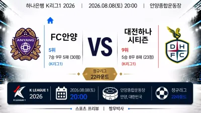 (K리그1)  [FC 안양] vs [대전 하나시티즌] 분석 | 승부예측·프리뷰·예상스코어 | 짱무박사